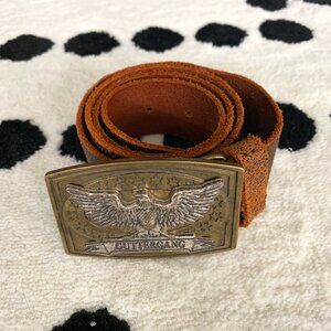 Vintage Y2K Distressed Brown Leather Brass Silver Eagle Buckle Waist Belt
